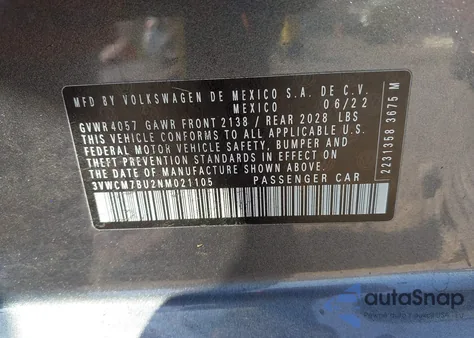 2022 Volkswagen Jetta 1.5T S z USA, uszkodzony, nr VIN 3VWCM7BU2NM021105